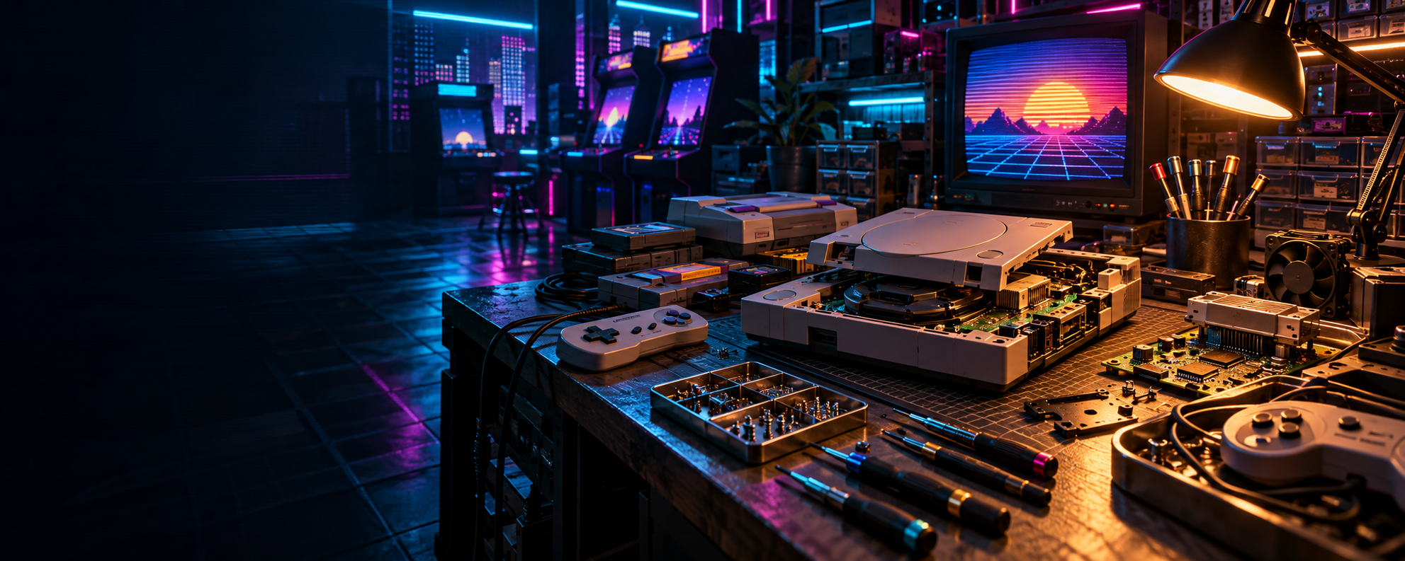 A retro-futuristic console restoration workbench